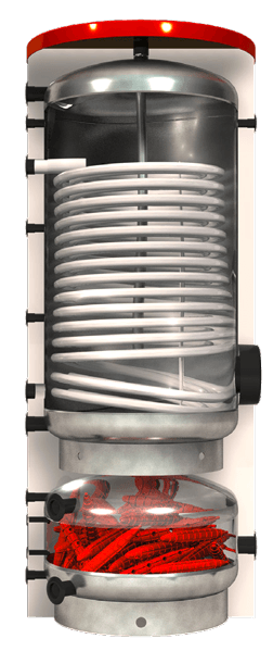 Combined storage tank with heating coil and heatStixx