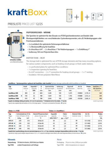 Preisliste kraftBoxx Pufferspeicher mit Komponenten