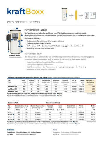 Preisliste kraftBoxx Pufferspeicher mit Komponenten